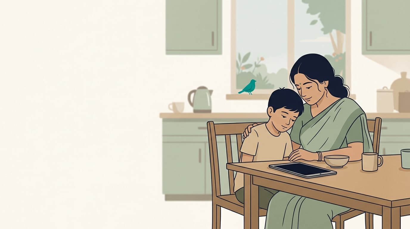 A mother and her young son at a kitchen table in morning light, a tablet resting beside them.