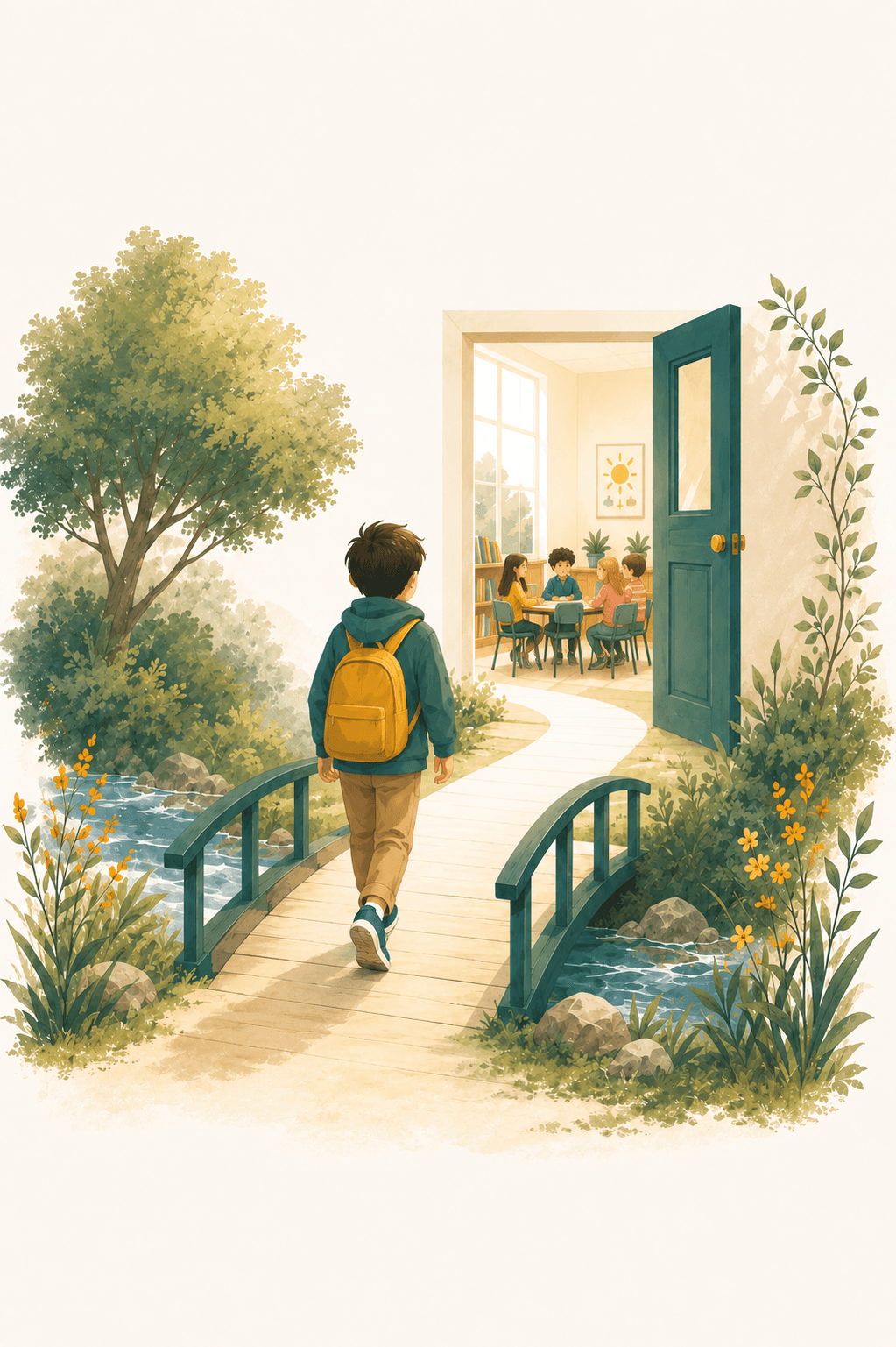 A child with a backpack crossing a small bridge toward an open classroom door