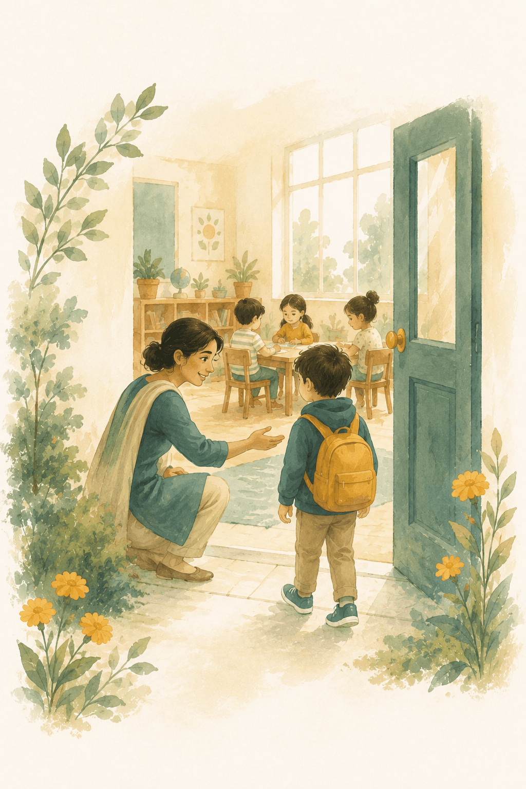 A teacher kneeling to welcome a child with a backpack into a classroom where other children are working together
