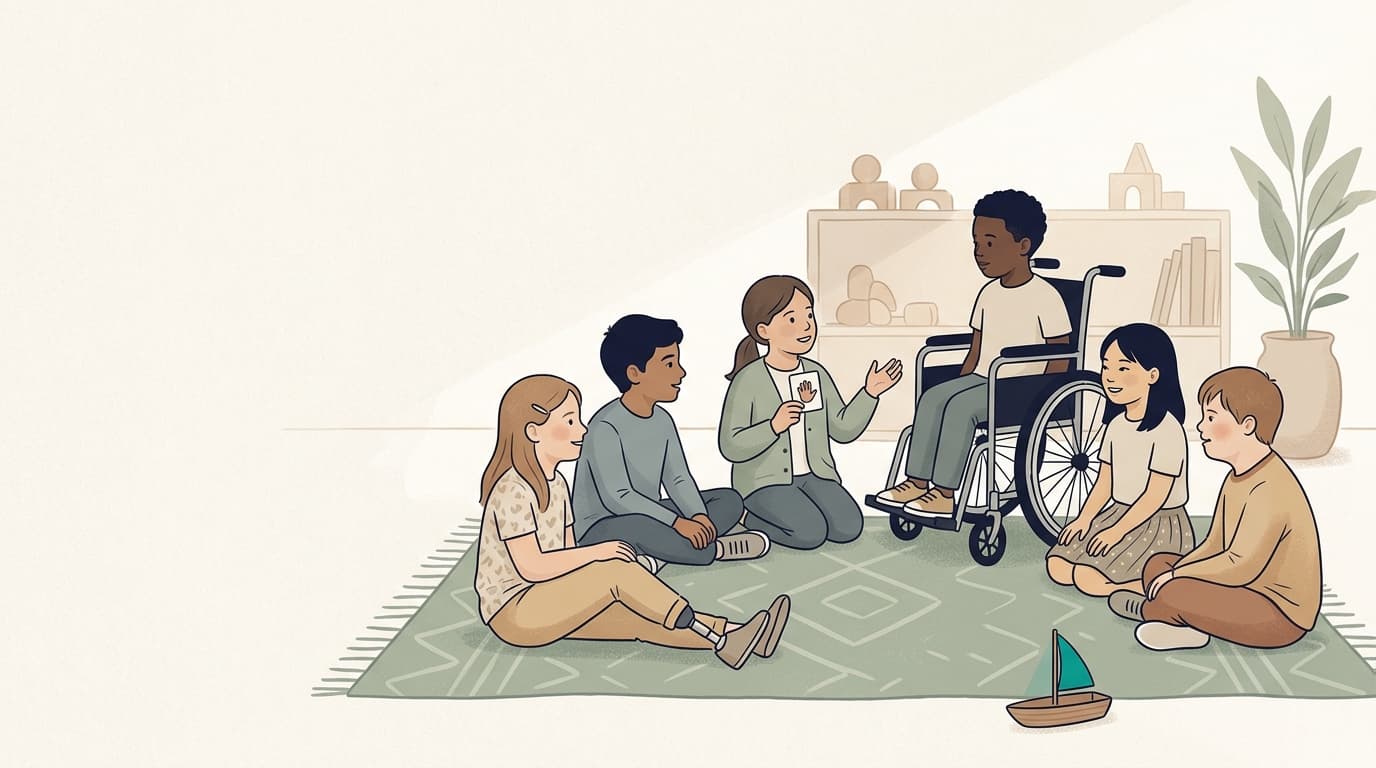 Children of different abilities sitting together in a circle on a classroom floor.