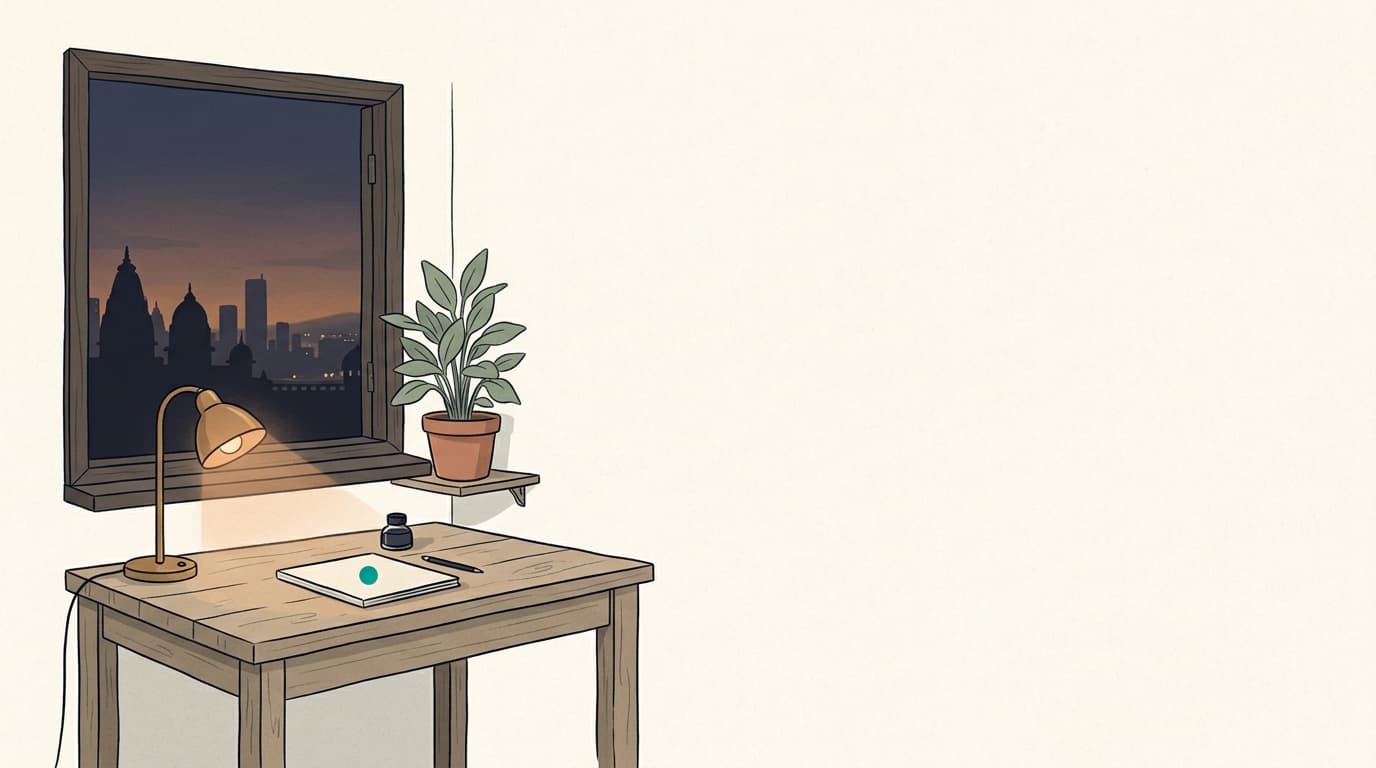 A warm desk at dusk with a lamp, a plant and a city skyline through the window.