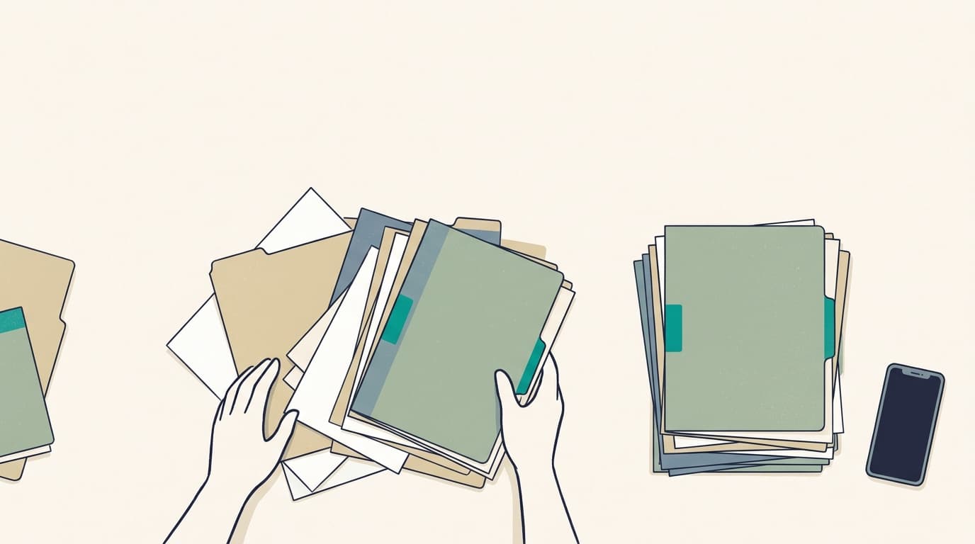 Hands gathering scattered folders into one stack.