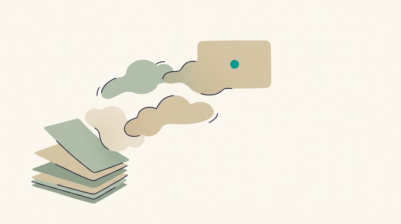 Loose papers gathering into a single calm card.