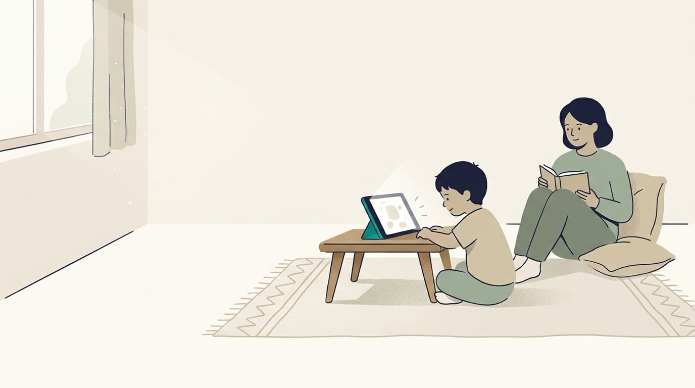 A child doing a short activity on a tablet while a parent sits nearby.
