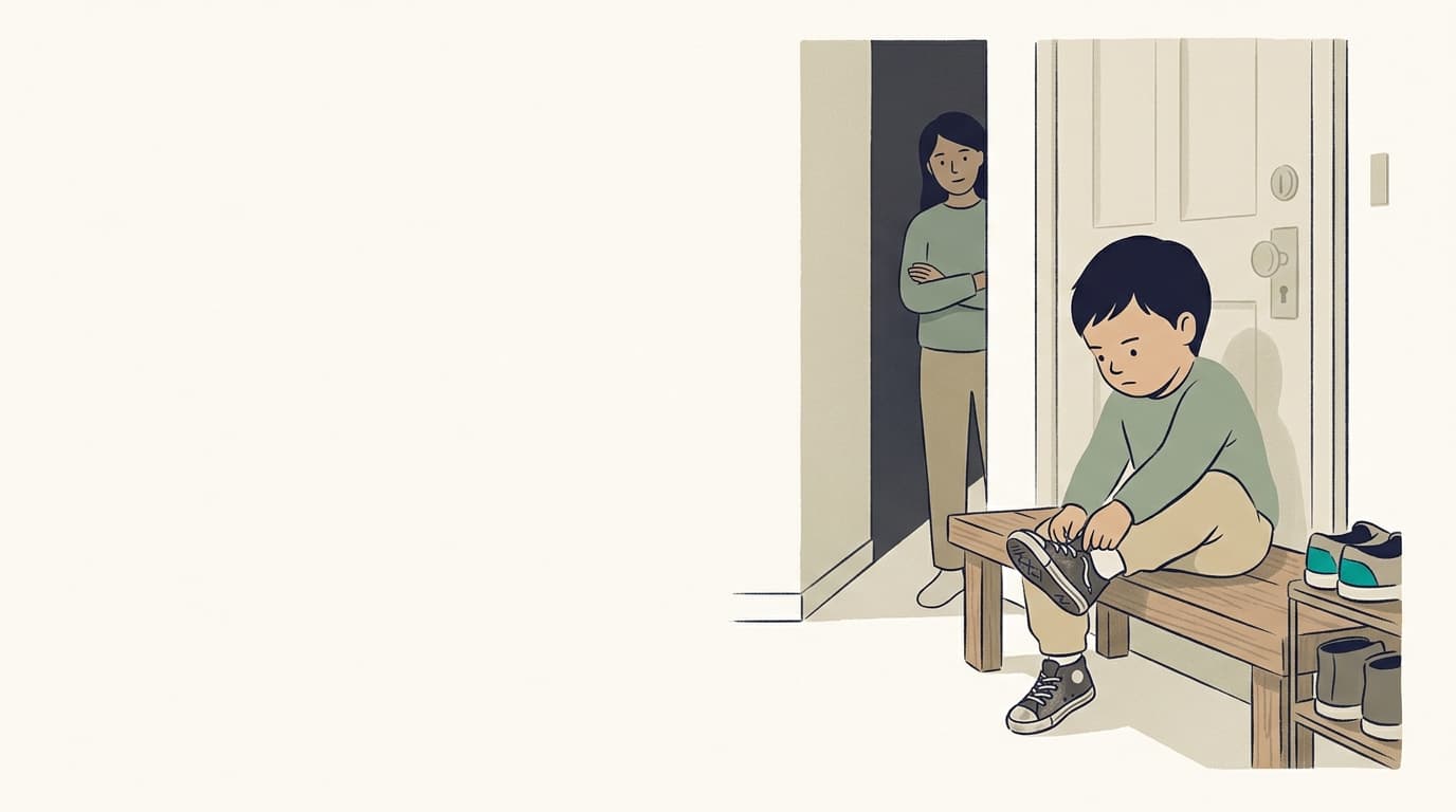 A child putting on their own shoes at the front door while a parent watches from the hallway.