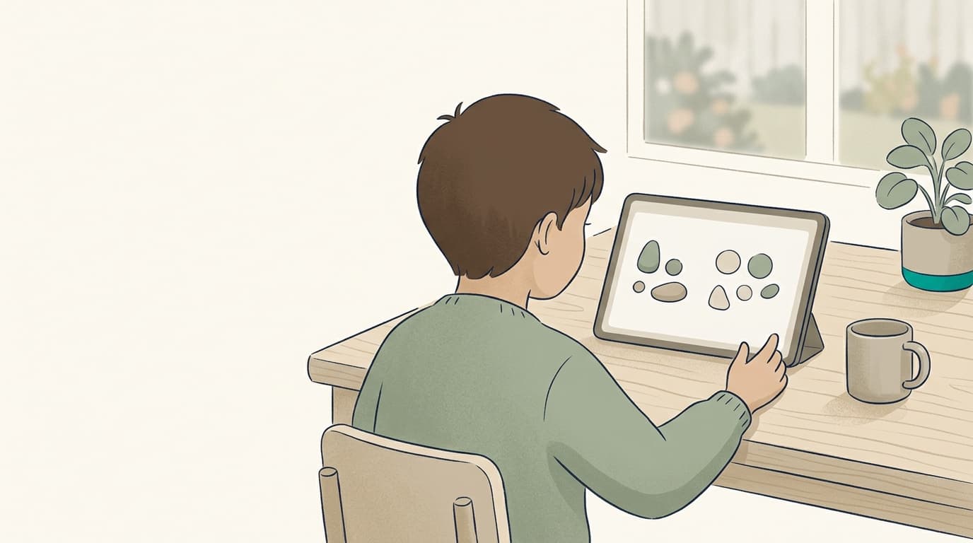 A child’s tablet lesson with simple counting shapes on a soft whiteboard.