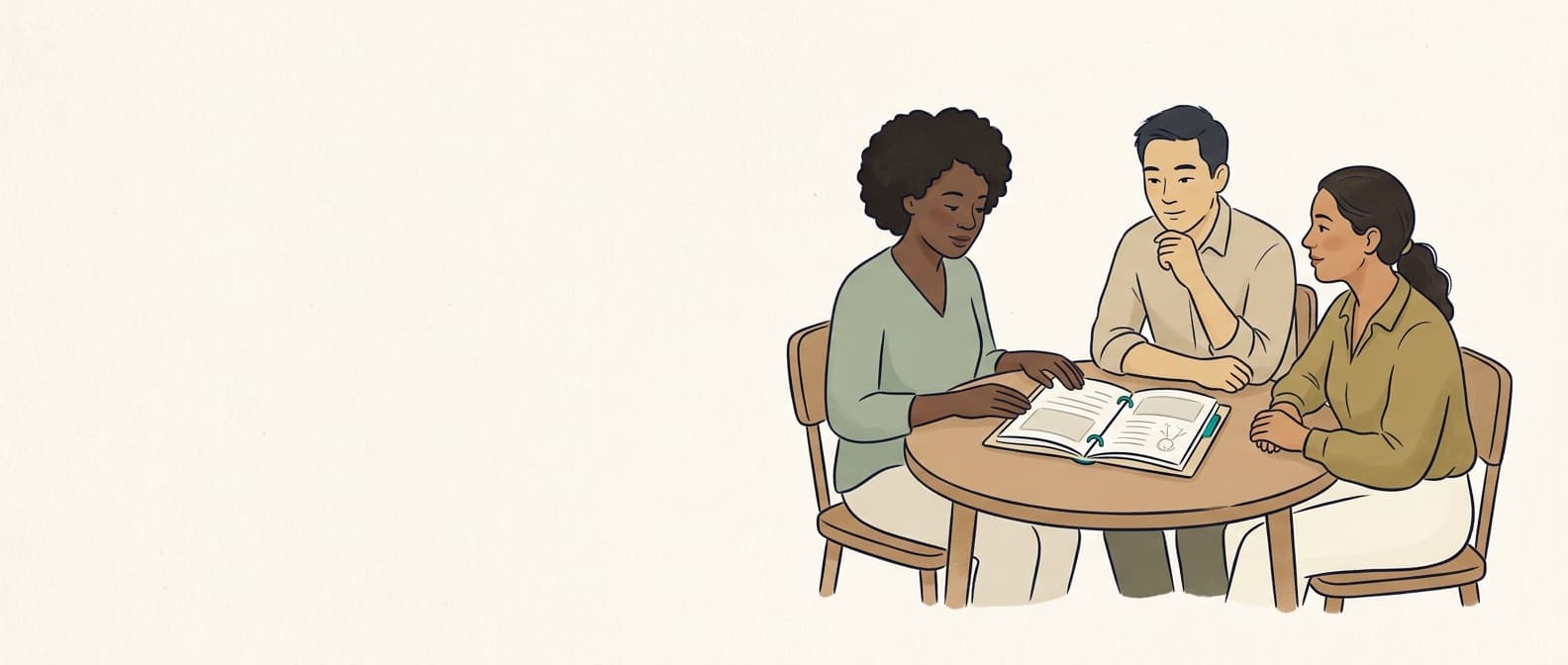 Three clinicians around a small table with one child’s file open between them.