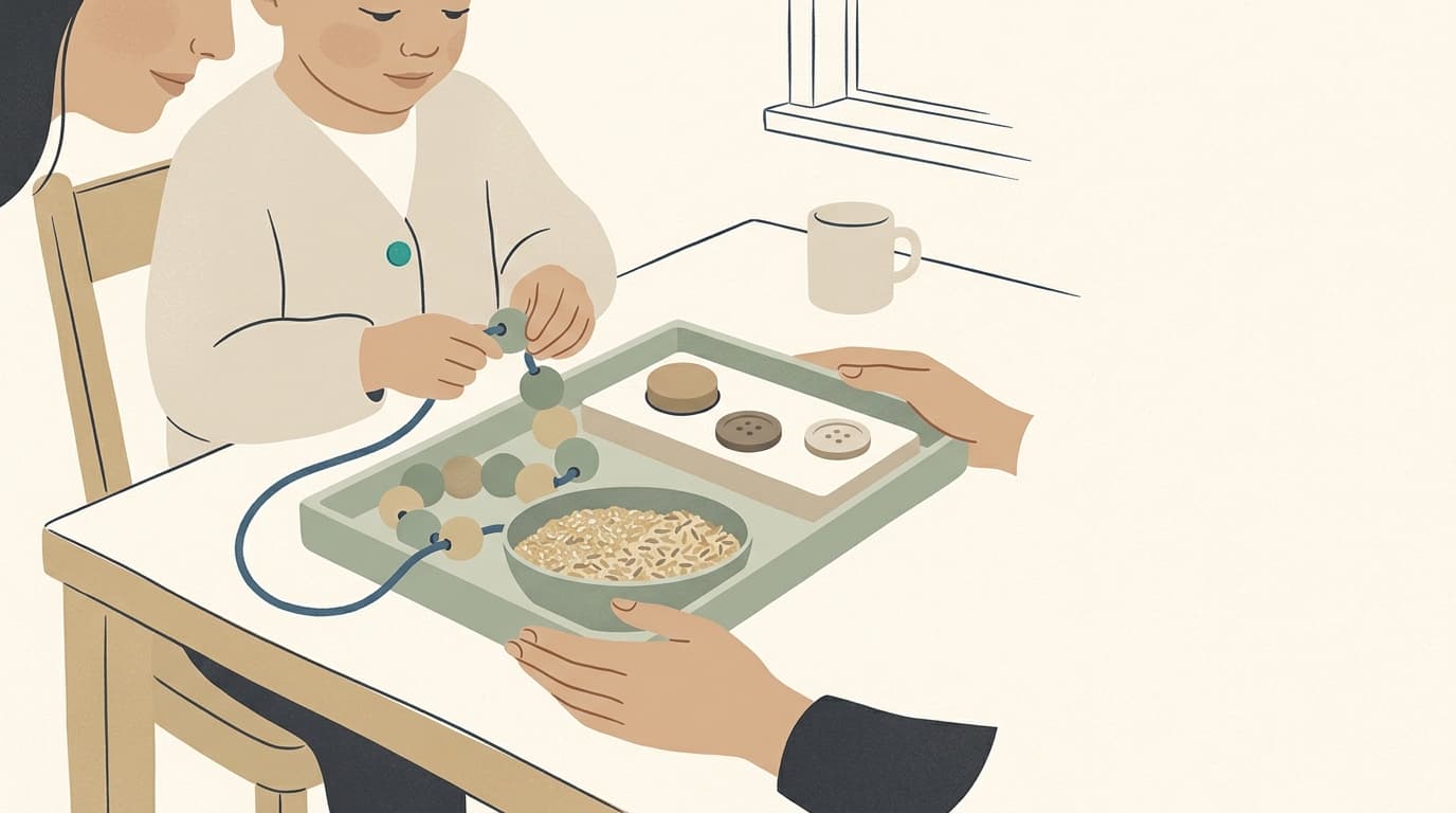 A child threading beads at a kitchen table while a parent steadies the tray.