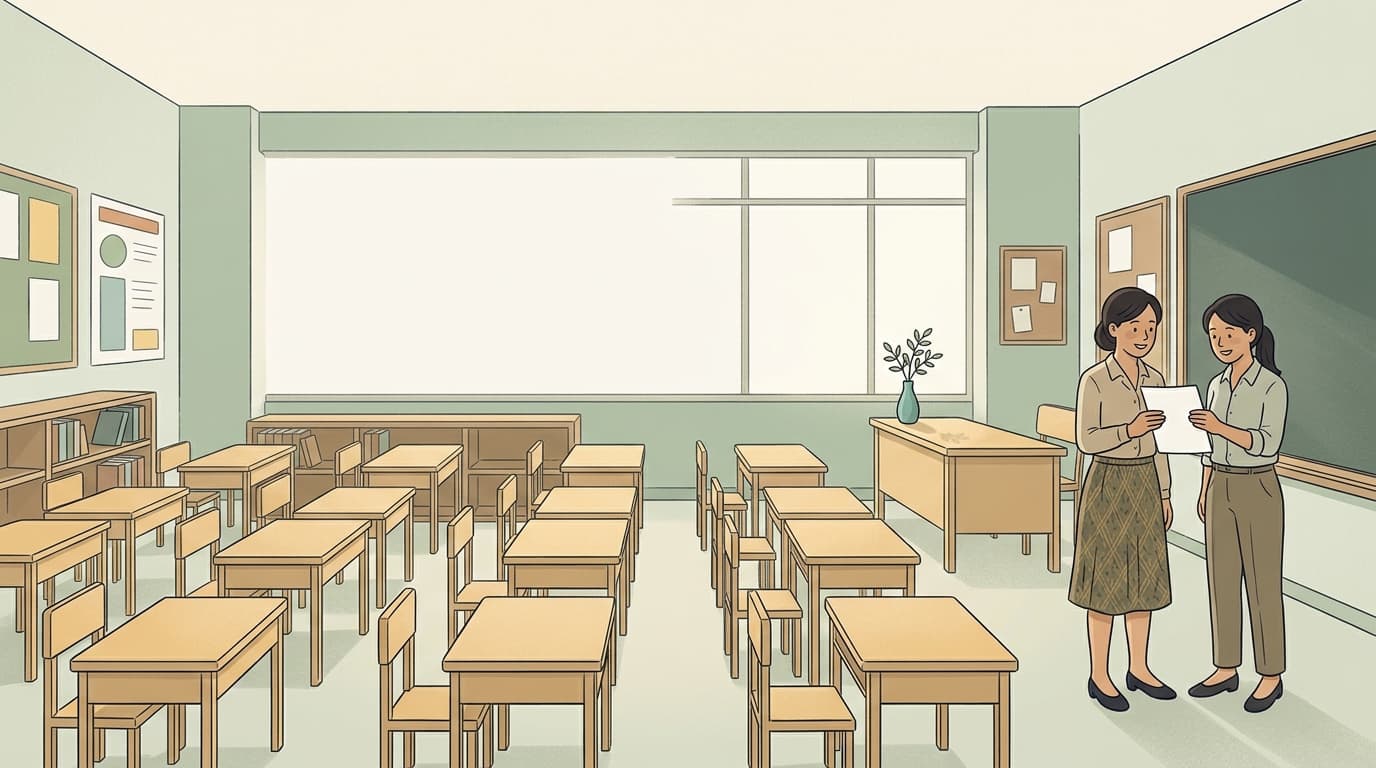 A primary classroom before the children arrive, a teacher and a coordinator holding a single sheet of paper.
