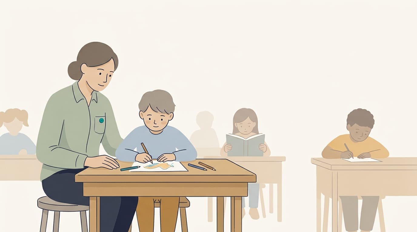 A classroom aide sitting slightly behind a child at a shared desk while other children work.