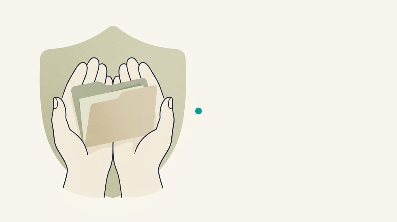 Two hands holding a paper folder inside a soft shield shape.