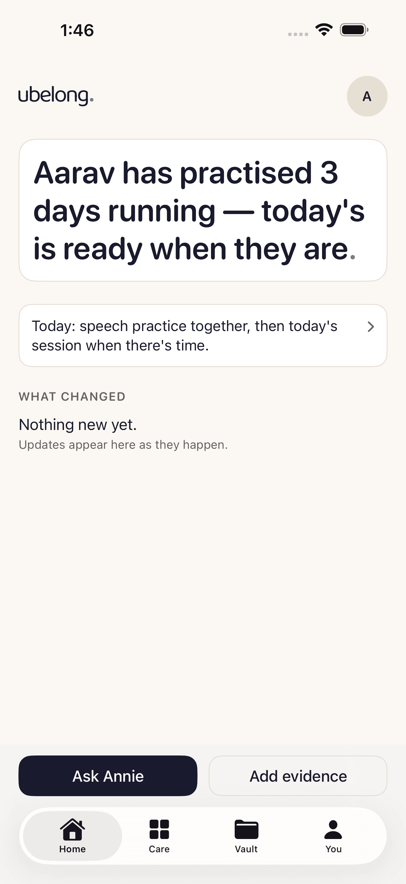 The app’s Home screen with one sentence about the child’s day.